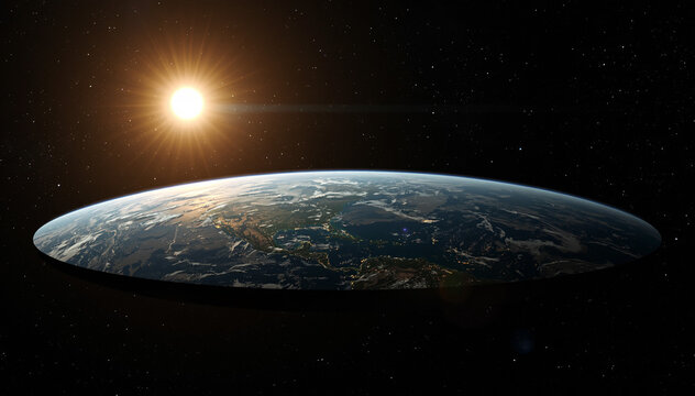 Flat Earth theory concept illustration showing a circular disk shaped world in outer space with a bright sun and stars