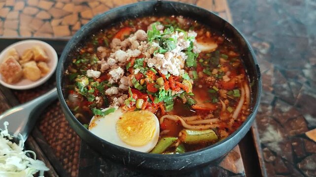 Pork noodle soup with meatballs served in a coconut shell bowl is a Thai dish.Noodle soup in a coconut shell bowl