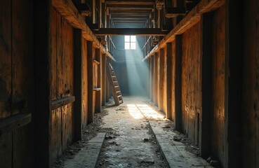 Obraz premium Old wooden tunnel interior. Sunlight streams through window. Ladder leads up. Abandoned structure, dirty floor, rough wood walls. Dark eerie atmosphere.