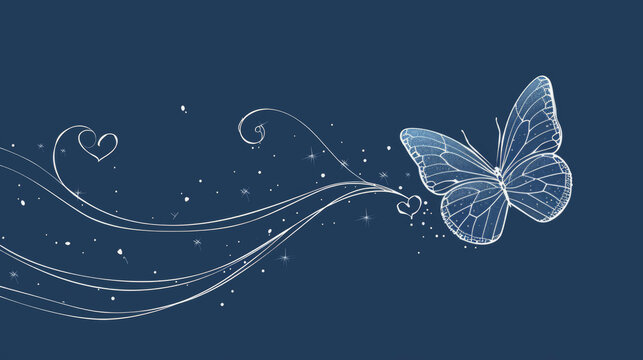 Elegant butterfly thin line white glitter hearts navy background minimal layout clean copy space
