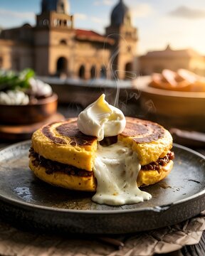 Traditional Colombian Arepa de Choclo
with melting mozzarella cheese and farm
butter, golden grilled texture in warm
sunlight, professional food photography