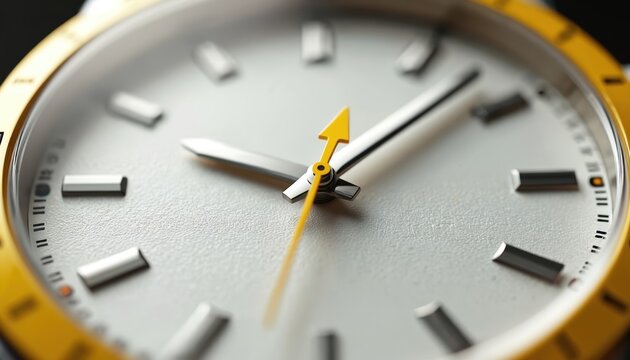 Close up of analog watch face with yellow bezel. Hour minute and second hands tick forward on white dial. Watch markers show time passing on timepiece.