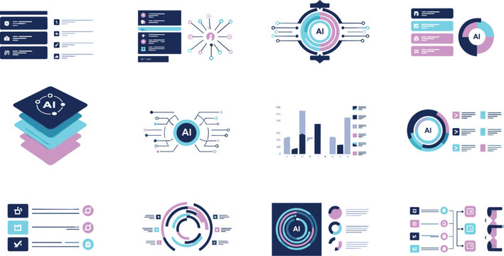 Artificial intelligence infographic elements vector set with neural networks, data charts, analytics dashboard and digital technology design