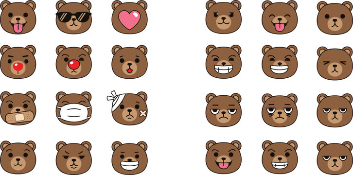 Cute Bear Emoji Icon Set Featuring Various Expressions, Accessories, and Faces for Fun, Animal, and Social Media Designs