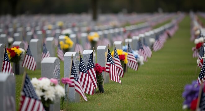 Arlington national cemetery rows of white headstones with american flags on memorial day