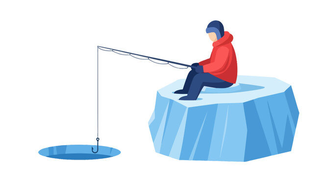 Man Ice Fishing on Frozen Lake.