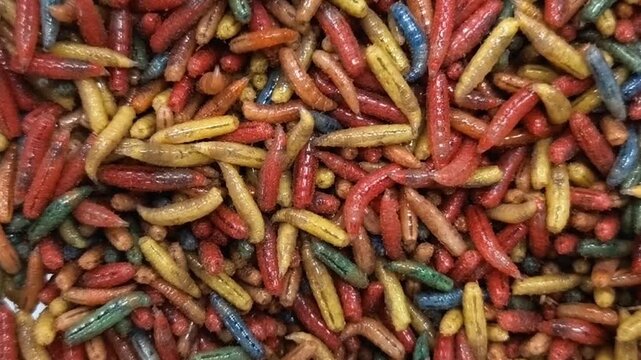 different-colored maggot worms crawl and move on a surface in a close-up view during daytime