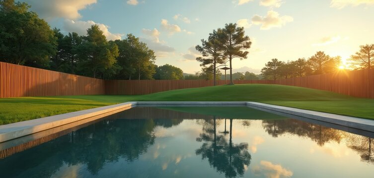 Reflecting pool mirrors wooden fence and green lawn with trees at sunset. Calm water shows sky and cloud reflections. Peaceful outdoor scene.
