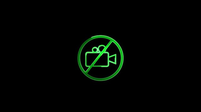Neon green no recording sign on black background prohibition symbol with camera inside circle prohibition sign.