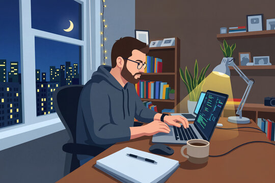 Young bearded man working at desk in home office, illuminated night cityscape visible through window