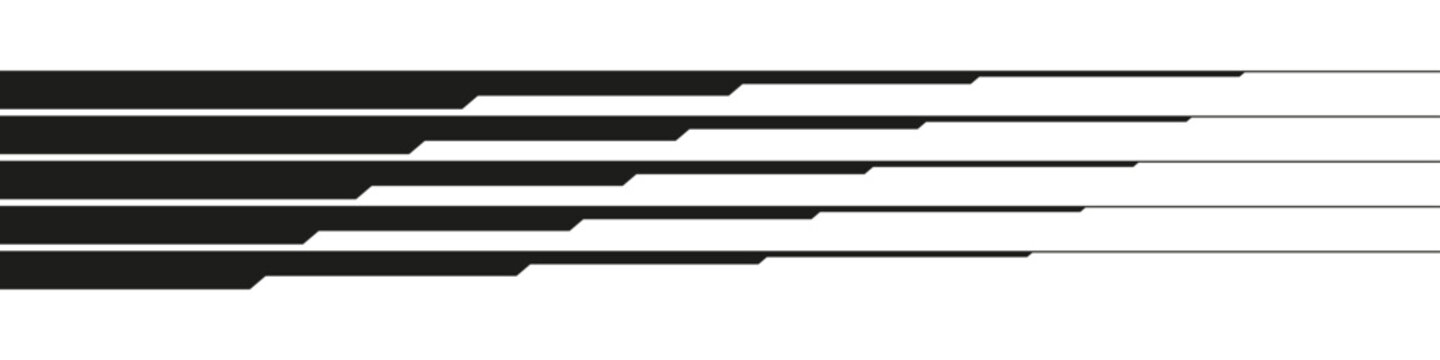 Abstract geometric black horizontal speed lines. Tapered striped pattern element for racing decal, sport graphic or tech design. Isolated vector illustration.