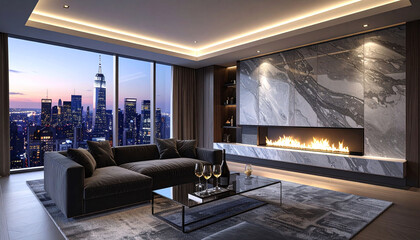 Naklejka premium A sophisticated penthouse lounge featuring a modern marble fireplace and panoramic city views at dusk. This elegant scene captures the essence of luxury urban living and highend design.