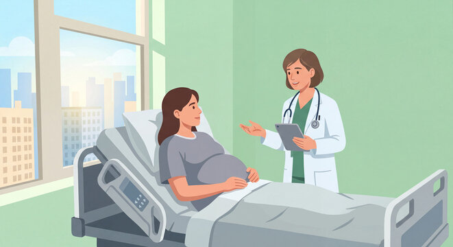 Female doctor atalking to pregnant woman in hospital bed, cityscape visible through window