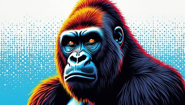Gorilla portrait in vivid pop art style. Bright colors outline the ape face. Halftone dots form background pattern. Fierce primate head with intense eyes, bold graphic.