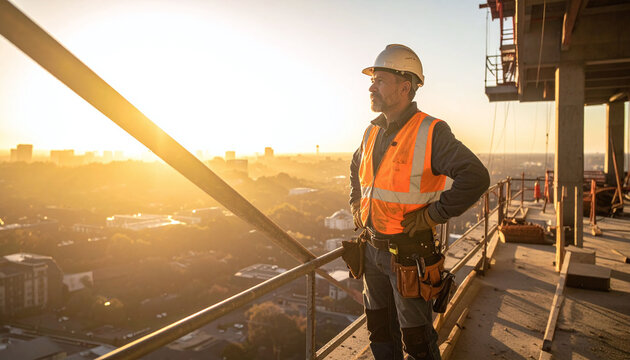 Experienced construction worker in safety gear gazes over a cityscape at sunset from a highrise site. Symbolizing vision, leadership, and urban growth for industrial projects.