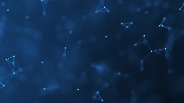 Blue abstract tech network background with glowing nodes and lines in a video player window. Futuristic digital motion backdrop, dark blue interface.