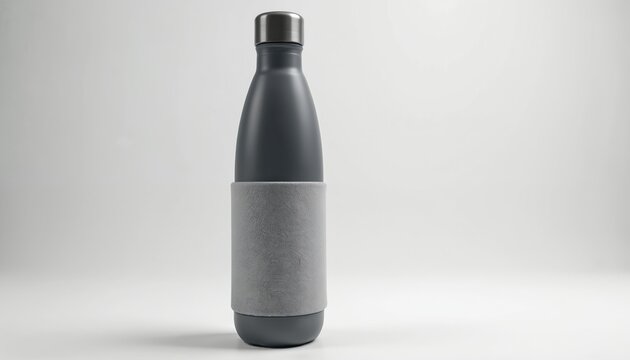 Modern grey water bottle with textured sleeve and metallic cap. Ideal for hydration fitness sport. Isolated studio product shot. Copy space.