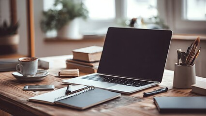 Fototapeta premium Cozy Home Office Setup with Laptop, Coffee, and Notebooks.