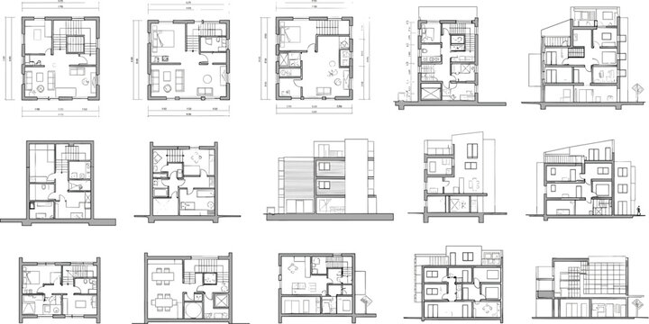 Architectural floor plan and building section vector set with house layouts, interior design and construction blueprint illustration