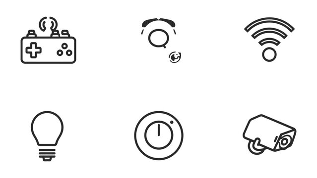 Smart Home Icon Collection: A set of minimalistic icons represents essential smart home technologies, from wireless connectivity and surveillance to lighting and remote control.