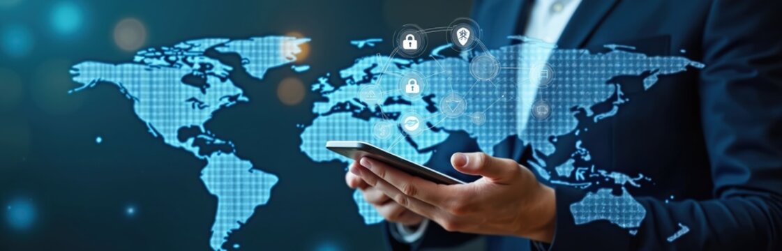 Businessman holds phone using cyber risk analytics platform. Digital world map background with security icons. Tech global data strategy management.