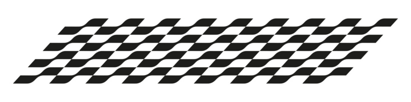 Wavy checkered flag pattern. Abstract black and white distorted geometric racing element. Monochrome motorsport illustration for speed and motion design.