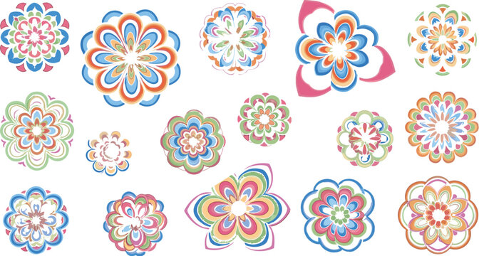 Colorful ornamental mandala flowers vector set with layered floral patterns, decorative shapes and abstract design illustration collection