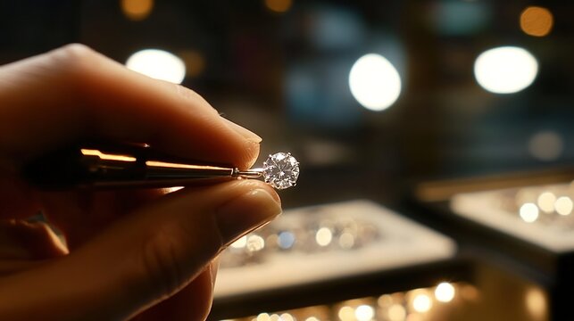 finery. A jewelry expert examining a diamond under a professional lamp in a warm, softly focused store interior. pitch deck slides.