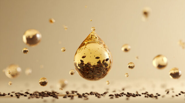 Floating golden oil droplet with black cumin seeds on minimal warm background. Natural nigella oil concept for herbal medicine, wellness supplements and skincare branding.