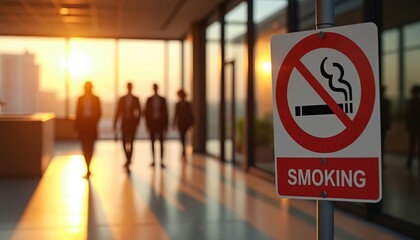 Fototapeta premium No smoking sign positioned in modern office hallway during golden hour with people walking in background. Sign prohibits smoking indoors ensuring healthy air quality. Promotes safe workplace