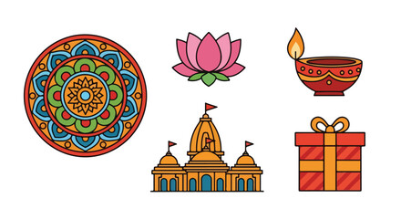 Fototapeta premium Set of Diwali festival icons including a colorful rangoli mandala, pink lotus flower, traditional diya oil lamp, Hindu temple architecture, and a red gift box for Indian celebrations