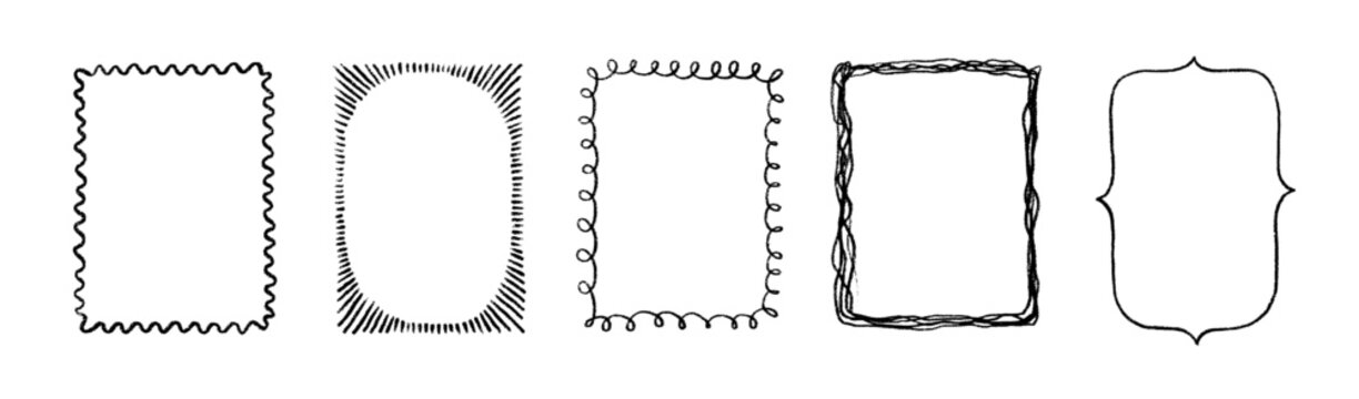 Set of hand drawn vector doodle frames. Black and white sketchy borders, decorative empty rectangles with copy space isolated on white background.