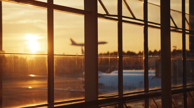 runway. An airport terminal window reflecting golden sunset light as a plane departs in the distance. inspiring travel planning.
