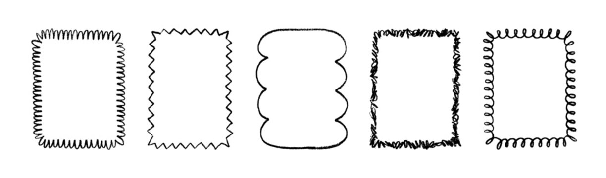 Set of hand drawn vector doodle frames. Sketchy rectangular borders, empty text boxes with wavy, zigzag, and scribbled edges isolated on white background.