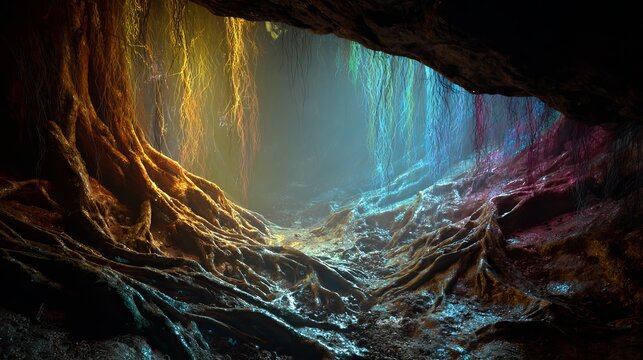 A stunning cave with colorful light shining through the entrance onto the rocky floor and walls