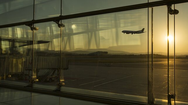 runway. An airport terminal window reflecting golden sunset light as a plane departs in the distance. inspiring travel planning.