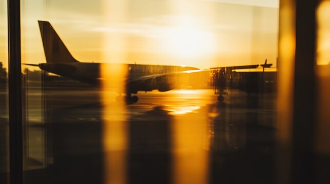 runway. An airport terminal window reflecting golden sunset light as a plane departs in the distance. inspiring travel planning.