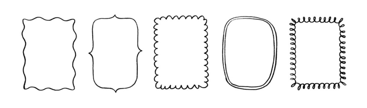 Hand drawn doodle frames set. Vector sketchy borders with wavy, scalloped, and looped edges. Blank black outline rectangular text boxes isolated on white background.