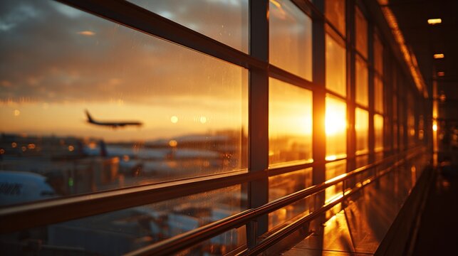 runway. An airport terminal window reflecting golden sunset light as a plane departs in the distance. inspiring travel planning.