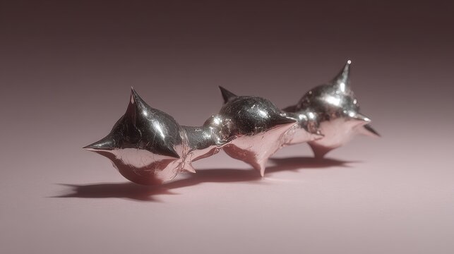 Biomorphic chrome sculpture with blade-like spikes and sharp organic sigils, fluid yet violent geometry, glossy reflective material, chaotic but controlled floating composition on pastel background