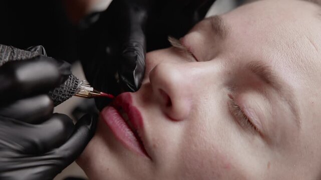 Slow motion close up of permanent makeup artist tattooing lips on female client in beauty studio.