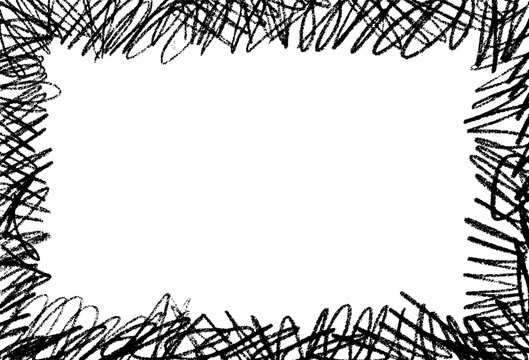 Abstract hand drawn scribble frame. Rough scratchy vector border, chaotic pencil or crayon sketch texture. Blank rectangular copy space isolated on white background.