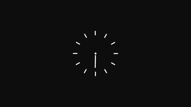 Minimalist white clock face on black background with hour and minute hands ticking time passing concept.