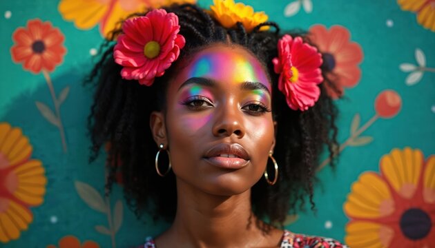 Young woman with colorful makeup and flowers in her hair. She stands against a vibrant floral backdrop. Her expression is confident and striking.