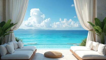 Obraz premium Luxury cabana with white cushions faces serene turquoise ocean. Infinity pool reflects clear blue sky with fluffy clouds. Tropical plants frame expansive sea view from terrace. Ideal for resort