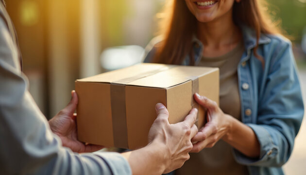 Courier hands delivery cardboard box to smiling customer at home entrance. Online shopping, e-commerce, package receipt, quick parcel service.