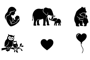 Mother holds baby, elephant family, owl on branch, heart balloon floats nearby © Vector Shop