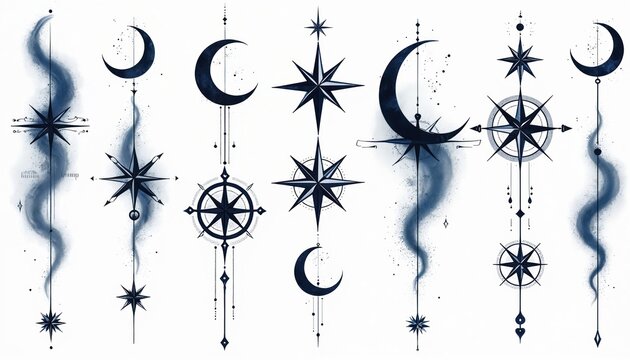 Celestial tattoos featuring moon, stars, and compass rose designs. Mystical ink elements with ornamental patterns and cosmic motifs. Graphic illustration for personal expression and spiritual journey.