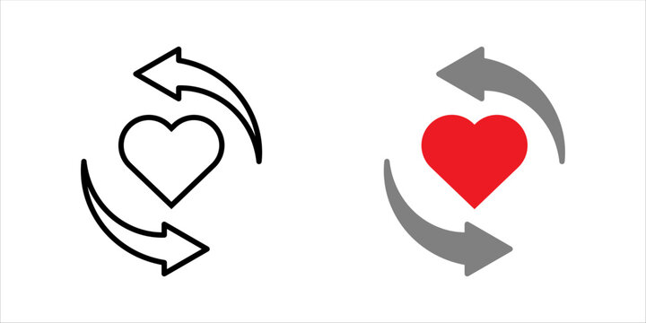 Outline icon setr. of heart with circular arrows symbolizing renewal, relationship, love cycle, and emotional connection.