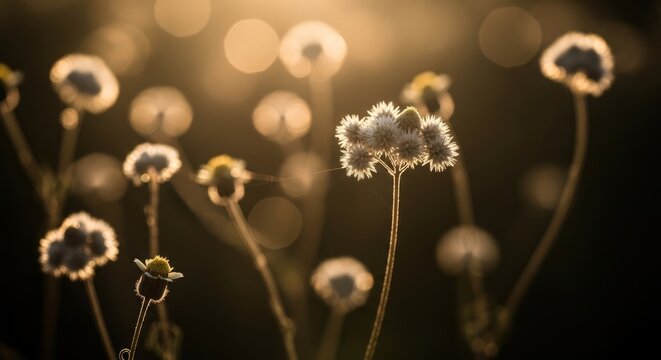Dandelion seed heads in a field at sunset with warm backlight and bokeh effect on a dark background